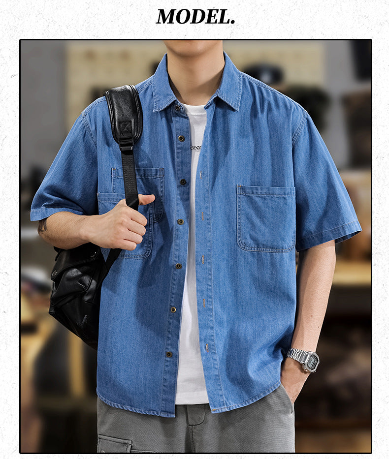 Half Sleeve Cotton Blouse For Men With Lapel Collar, Loose Fit And Regular Length