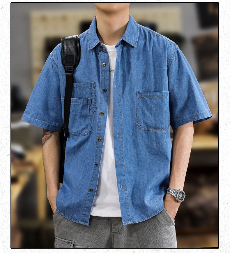 Half Sleeve Cotton Blouse For Men With Lapel Collar, Loose Fit And Regular Length
