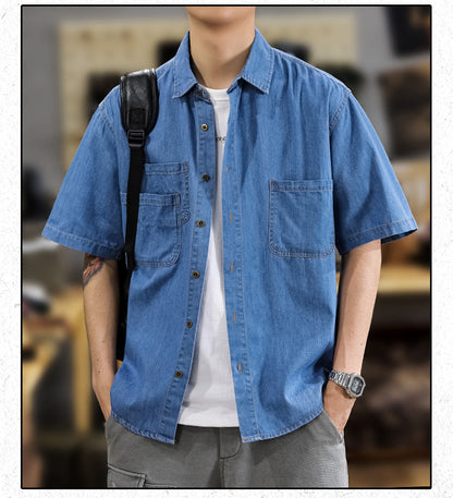 Half Sleeve Cotton Blouse For Men With Lapel Collar, Loose Fit And Regular Length