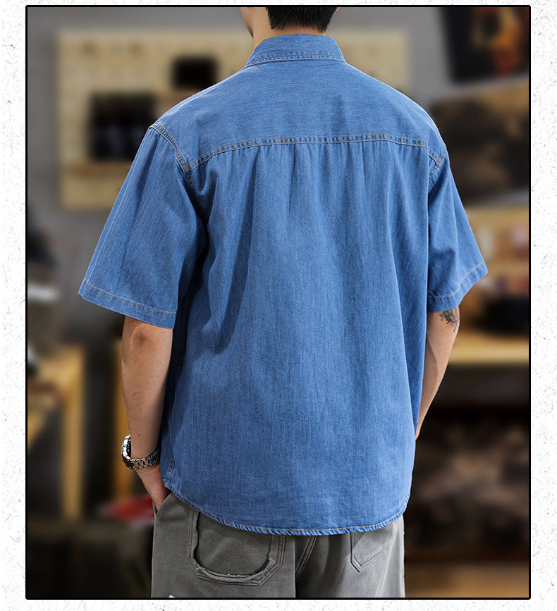 Half Sleeve Cotton Blouse For Men With Lapel Collar, Loose Fit And Regular Length