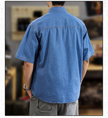 Half Sleeve Cotton Blouse For Men With Lapel Collar, Loose Fit And Regular Length