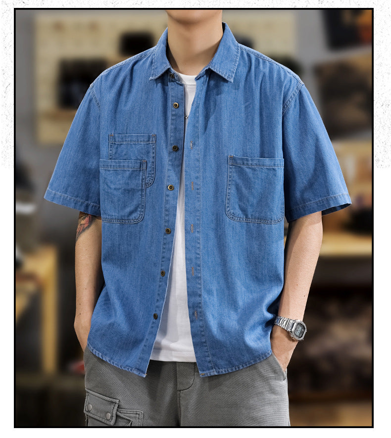Half Sleeve Cotton Blouse For Men With Lapel Collar, Loose Fit And Regular Length