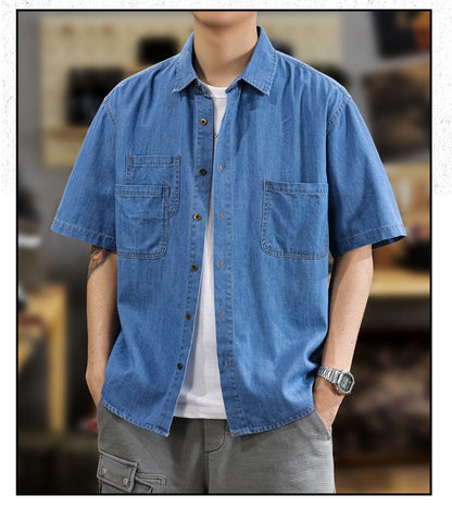 Half Sleeve Cotton Blouse For Men With Lapel Collar, Loose Fit And Regular Length