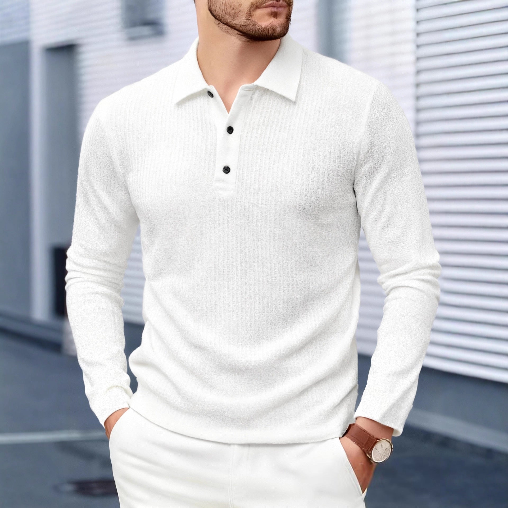 Solid Color Casual Long Sleeve Men's T-Shirt In Polyester With Standing Collar For Spring