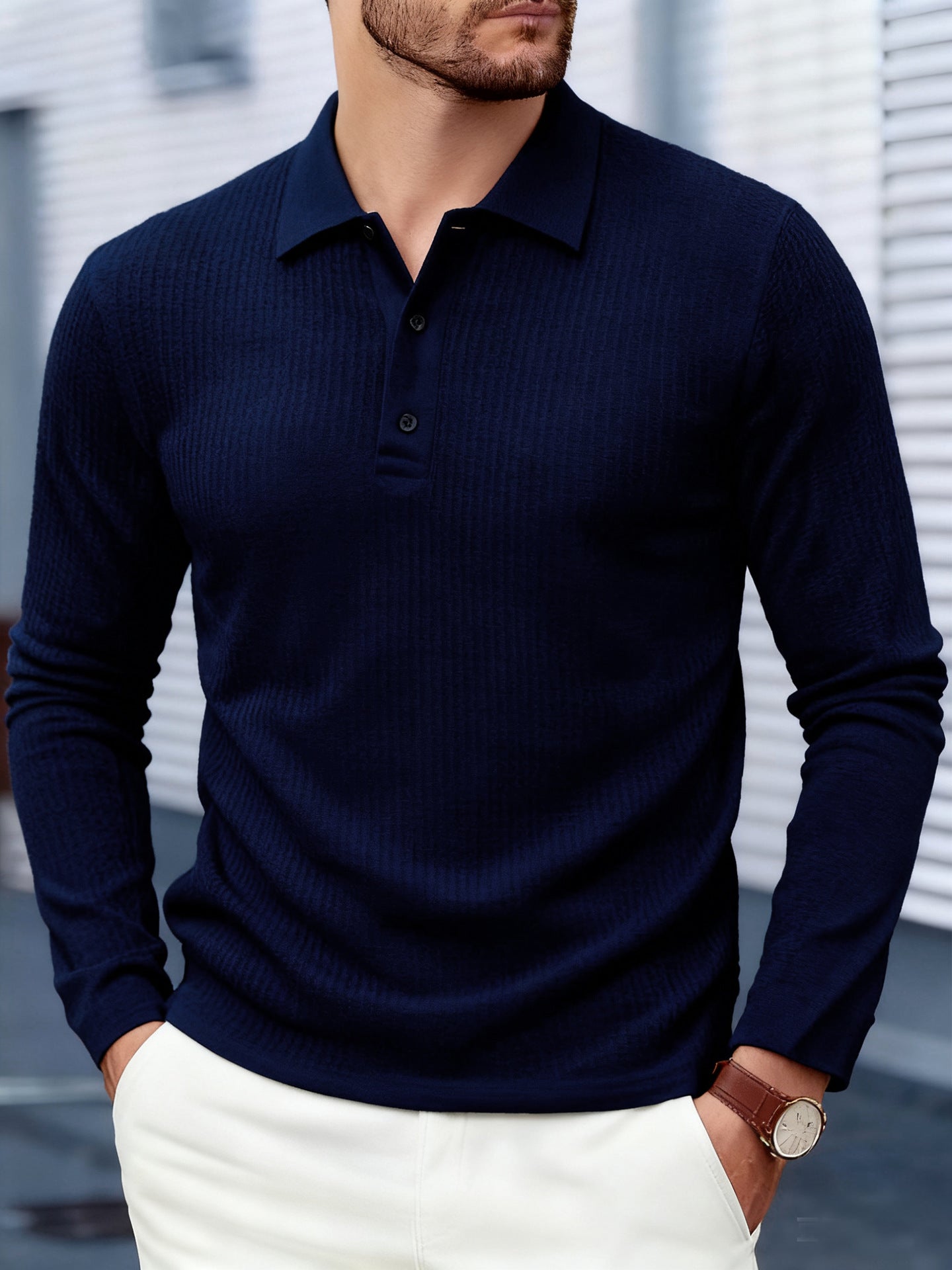 Solid Color Casual Long Sleeve Men's T-Shirt In Polyester With Standing Collar For Spring