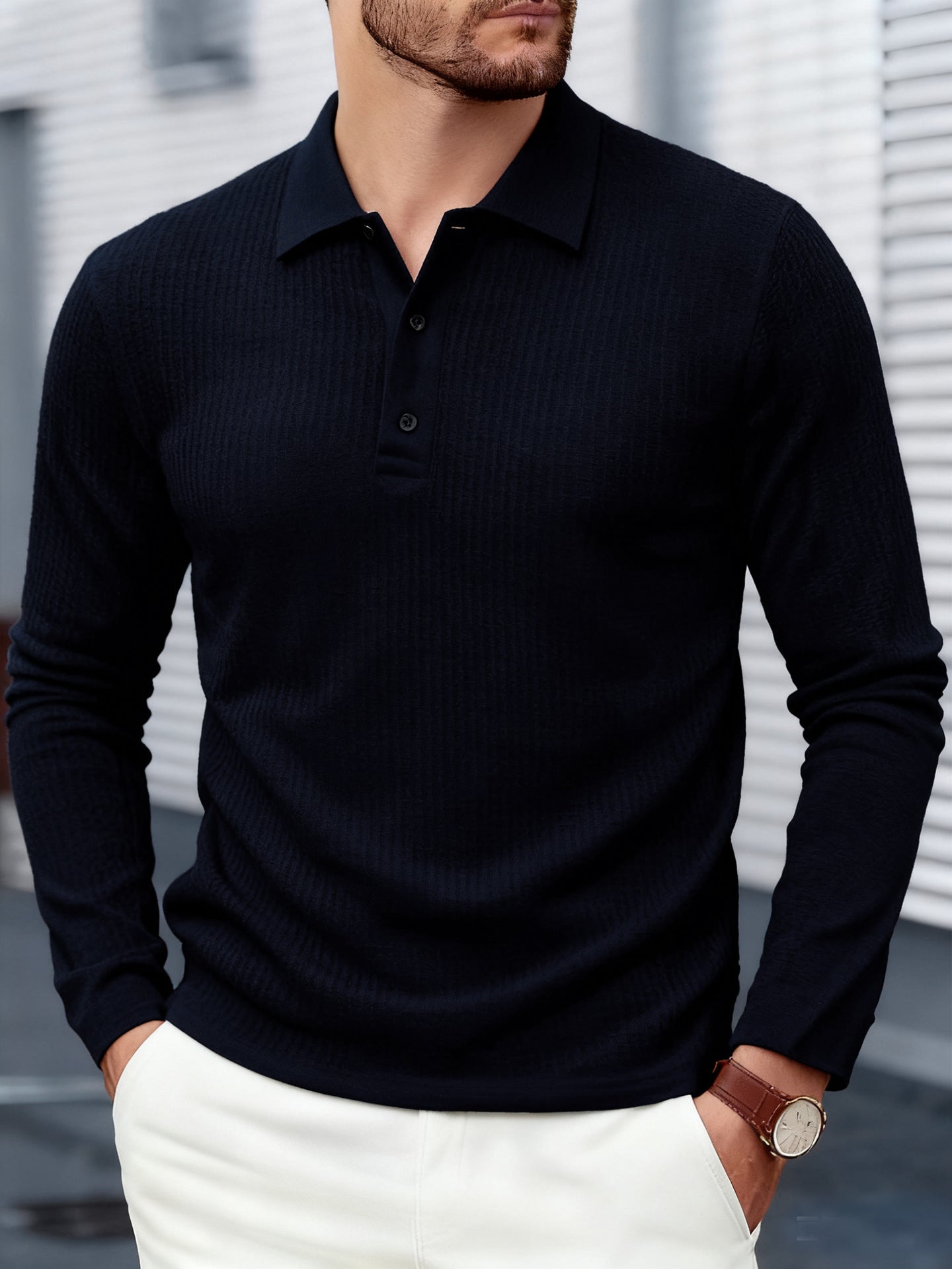 Solid Color Casual Long Sleeve Men's T-Shirt In Polyester With Standing Collar For Spring