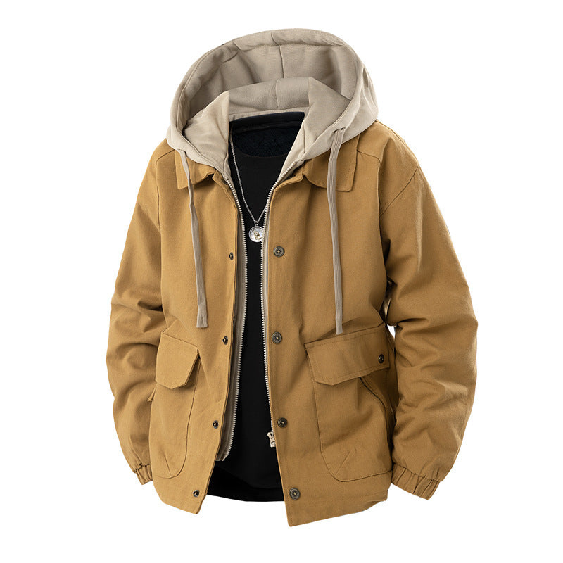 Men's Army Green Hooded Shacket Jacket With Zipper Placket In Cotton Blends, Long Sleeve Outerwear