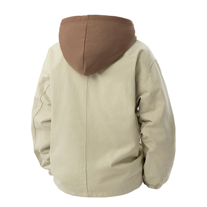 Men's Army Green Hooded Shacket Jacket With Zipper Placket In Cotton Blends, Long Sleeve Outerwear