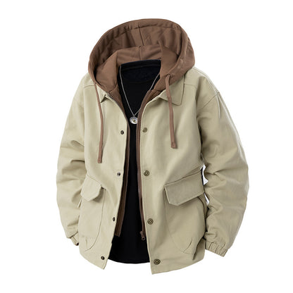 Men's Army Green Hooded Shacket Jacket With Zipper Placket In Cotton Blends, Long Sleeve Outerwear