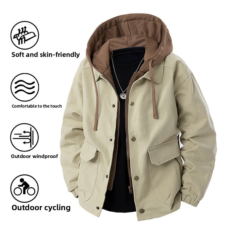 Men's Army Green Hooded Shacket Jacket With Zipper Placket In Cotton Blends, Long Sleeve Outerwear