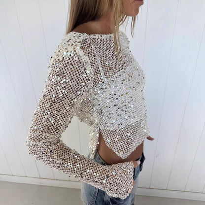 Sexy Long Sleeve Polyester Shirt For Women With Collarless Design And Regular Fit