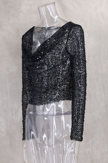 Sexy Long Sleeve Polyester Shirt For Women With Collarless Design And Regular Fit