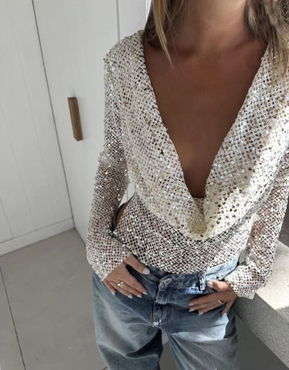 Sexy Long Sleeve Polyester Shirt For Women With Collarless Design And Regular Fit