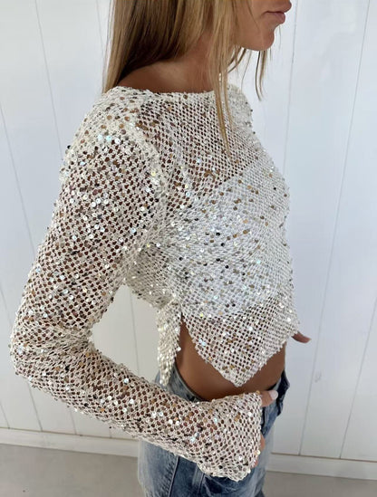 Sexy Long Sleeve Polyester Shirt For Women With Collarless Design And Regular Fit