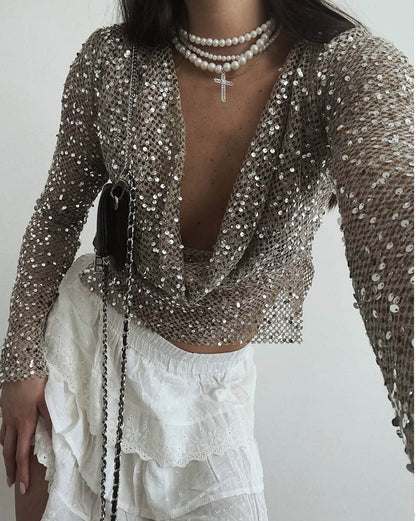 Sexy Long Sleeve Polyester Shirt For Women With Collarless Design And Regular Fit