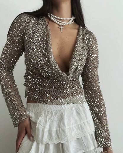 Sexy Long Sleeve Polyester Shirt For Women With Collarless Design And Regular Fit