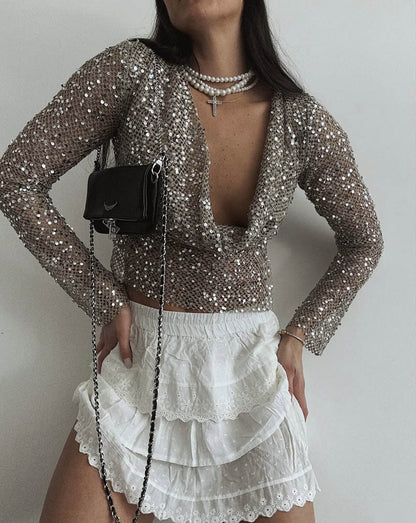 Sexy Long Sleeve Polyester Shirt For Women With Collarless Design And Regular Fit