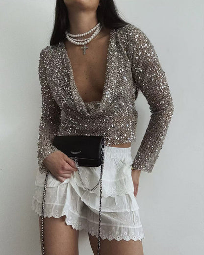 Sexy Long Sleeve Polyester Shirt For Women With Collarless Design And Regular Fit