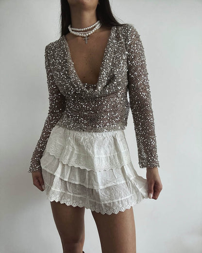 Sexy Long Sleeve Polyester Shirt For Women With Collarless Design And Regular Fit
