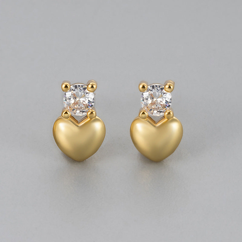 Heart Shape Heart Hoops For Women Featuring Zircon Inlay On Copper Material, Novelty Golden Stud Earrings, 1 Pair