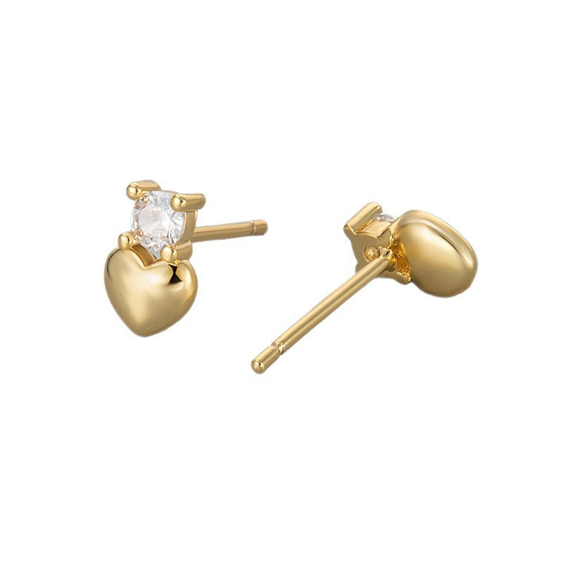 Heart Shape Heart Hoops For Women Featuring Zircon Inlay On Copper Material, Novelty Golden Stud Earrings, 1 Pair