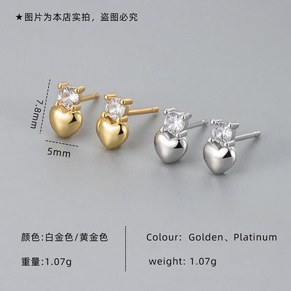 Heart Shape Heart Hoops For Women Featuring Zircon Inlay On Copper Material, Novelty Golden Stud Earrings, 1 Pair