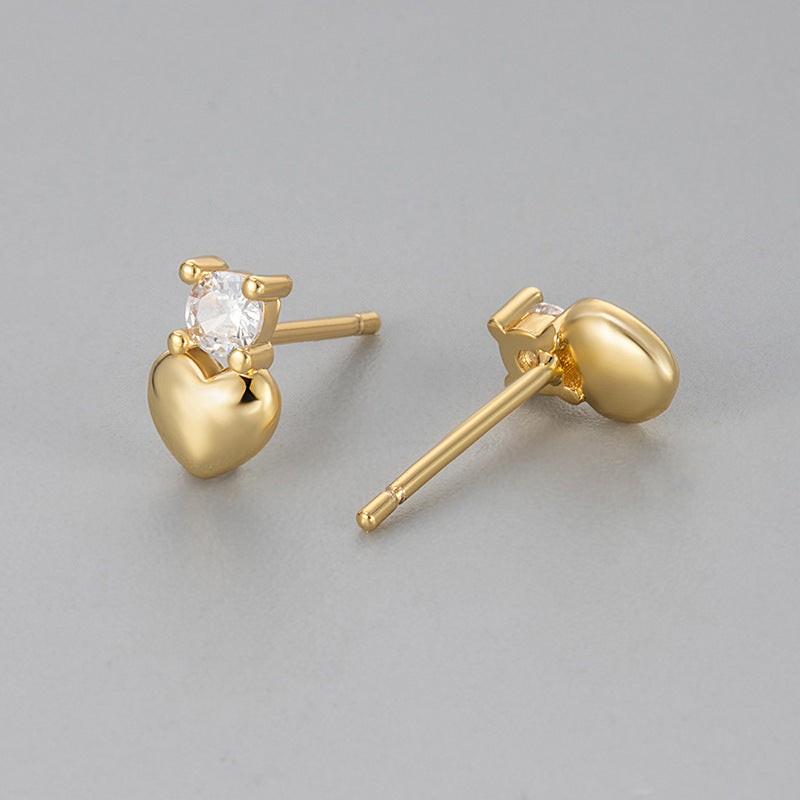 Heart Shape Heart Hoops For Women Featuring Zircon Inlay On Copper Material, Novelty Golden Stud Earrings, 1 Pair