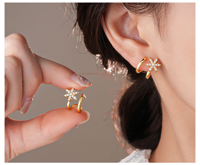 925 Sterling Silver Silver Needle Zircon Star Earrings For Women, Gold Available