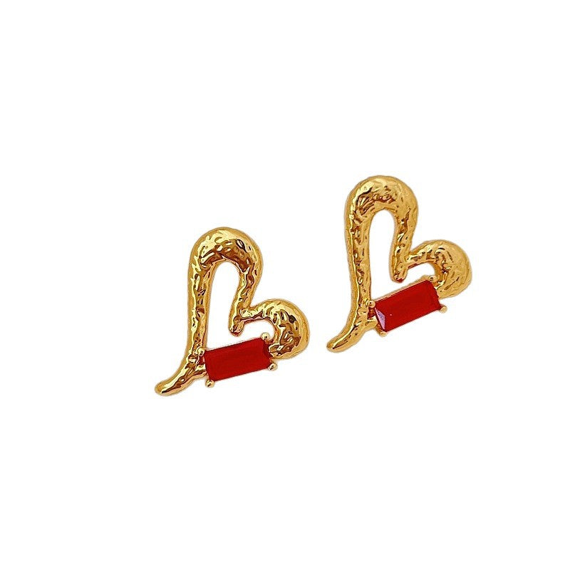 Heart Shape Zircon Stud Earrings In Golden Color, Featuring Heart Hoops Design For Elegant Wear