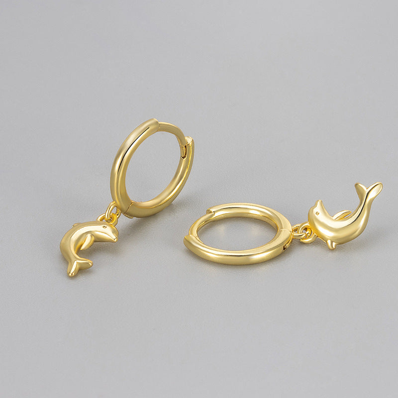 Heart Hoops Earrings For Women Featuring Dolphin Pattern In Copper Material With Golden Finish