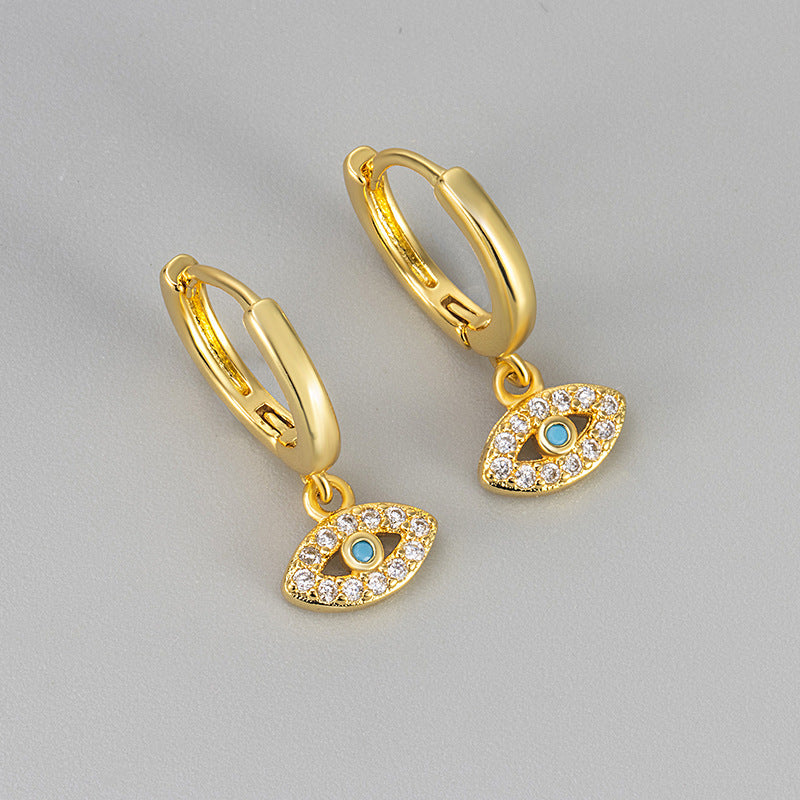Heart Hoops Earrings For Women Featuring Devil's Eye Pattern With Zircon Inlay In Copper, Simple Style, Blue