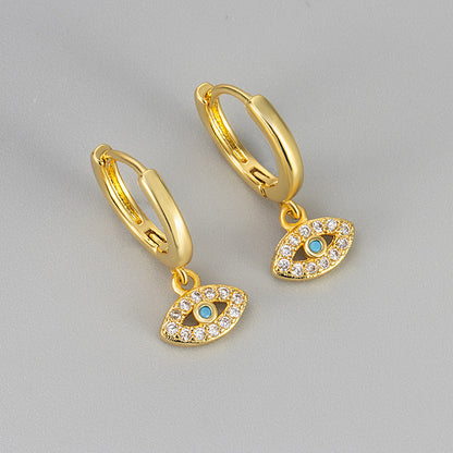 Heart Hoops Earrings For Women Featuring Devil's Eye Pattern With Zircon Inlay In Copper, Simple Style, Blue