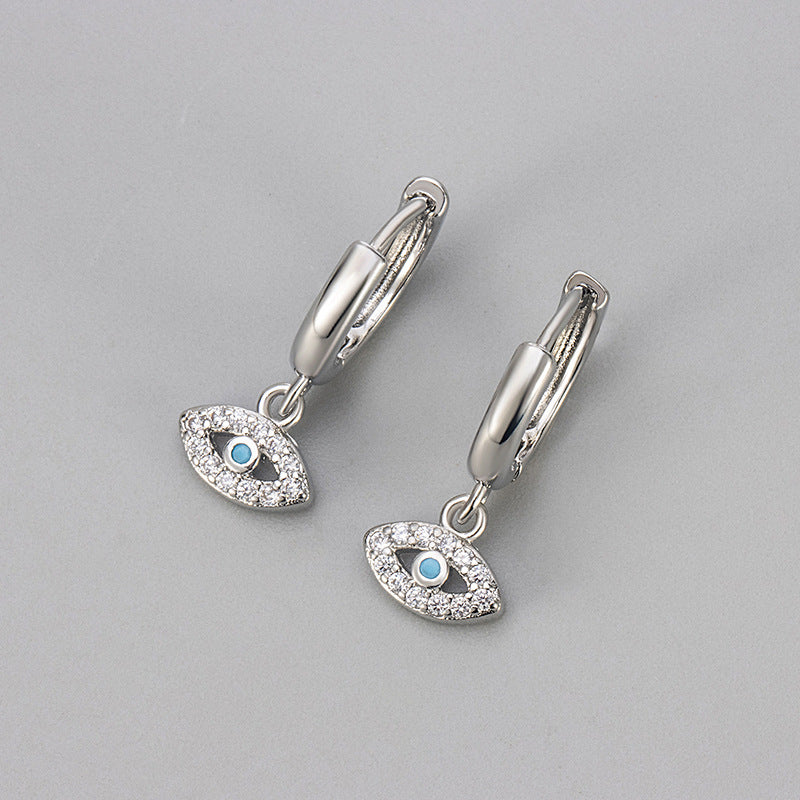Heart Hoops Earrings For Women Featuring Devil's Eye Pattern With Zircon Inlay In Copper, Simple Style, Blue