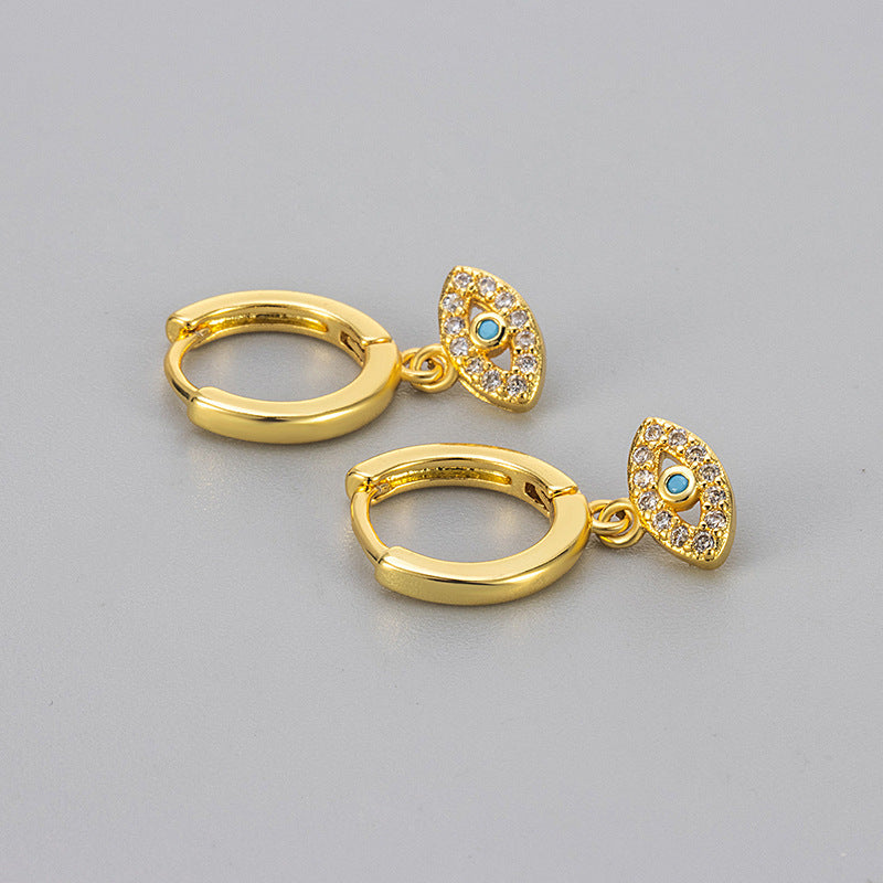 Heart Hoops Earrings For Women Featuring Devil's Eye Pattern With Zircon Inlay In Copper, Simple Style, Blue