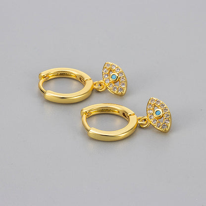 Heart Hoops Earrings For Women Featuring Devil's Eye Pattern With Zircon Inlay In Copper, Simple Style, Blue