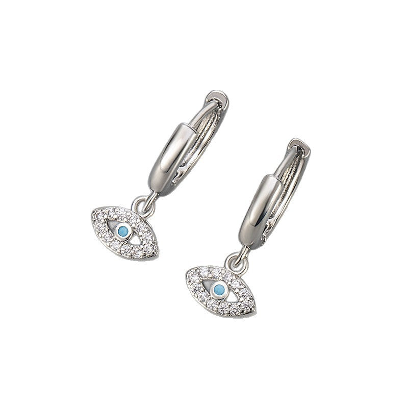 Heart Hoops Earrings For Women Featuring Devil's Eye Pattern With Zircon Inlay In Copper, Simple Style, Blue