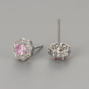 Flower Zircon Stud Earrings/White Gold Pink Diamond