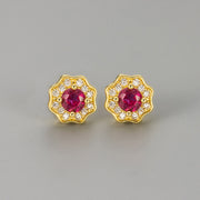 Flower Zircon Stud Earrings/Gold Color Red Diamond