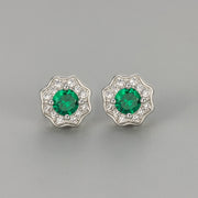 Flower Zircon Stud Earrings/White Gold Green Diamond