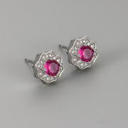 Flower Zircon Stud Earrings/White Gold Red Diamond
