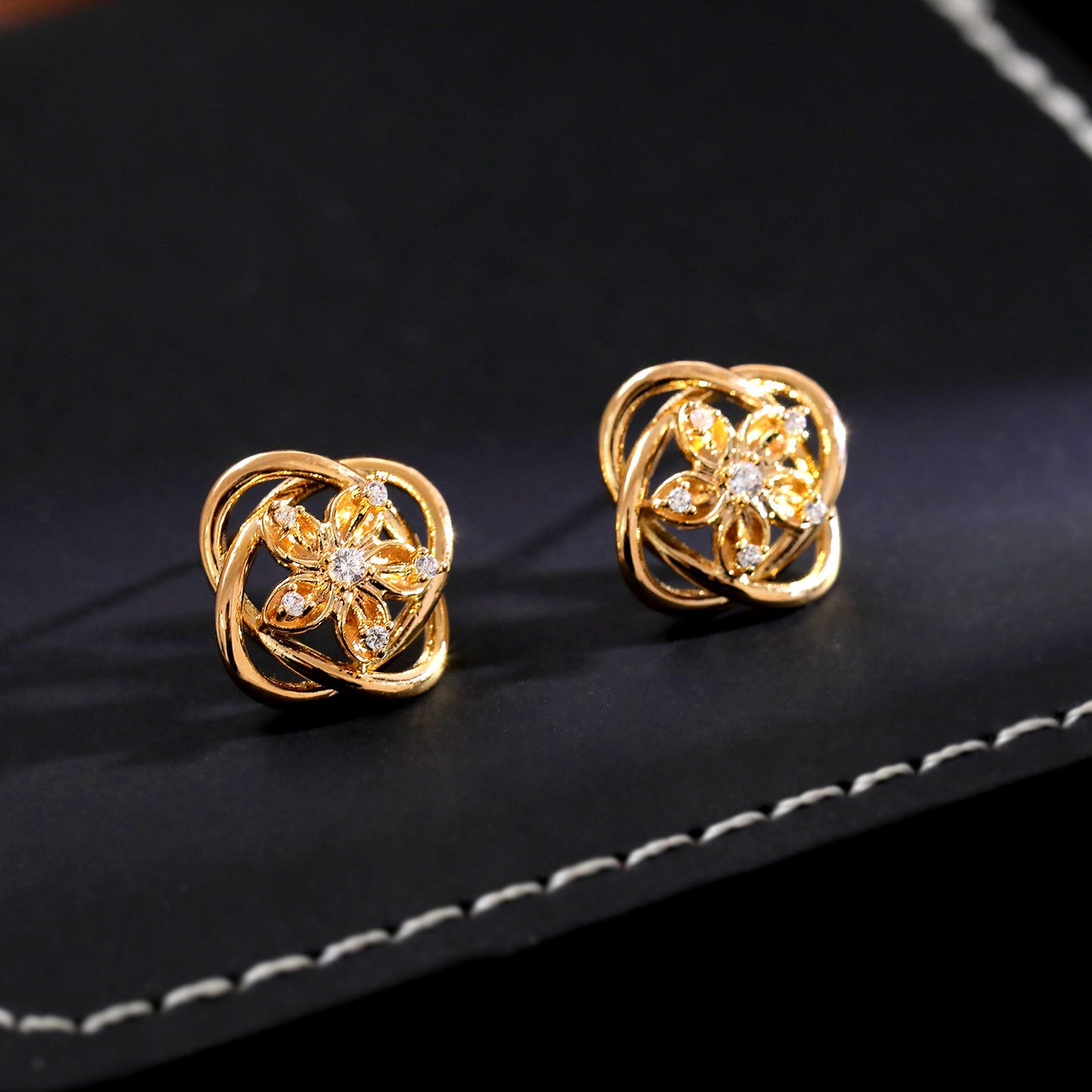 Flower Pattern Round Petal Stud Earrings For Women In Elegant Champagne Color