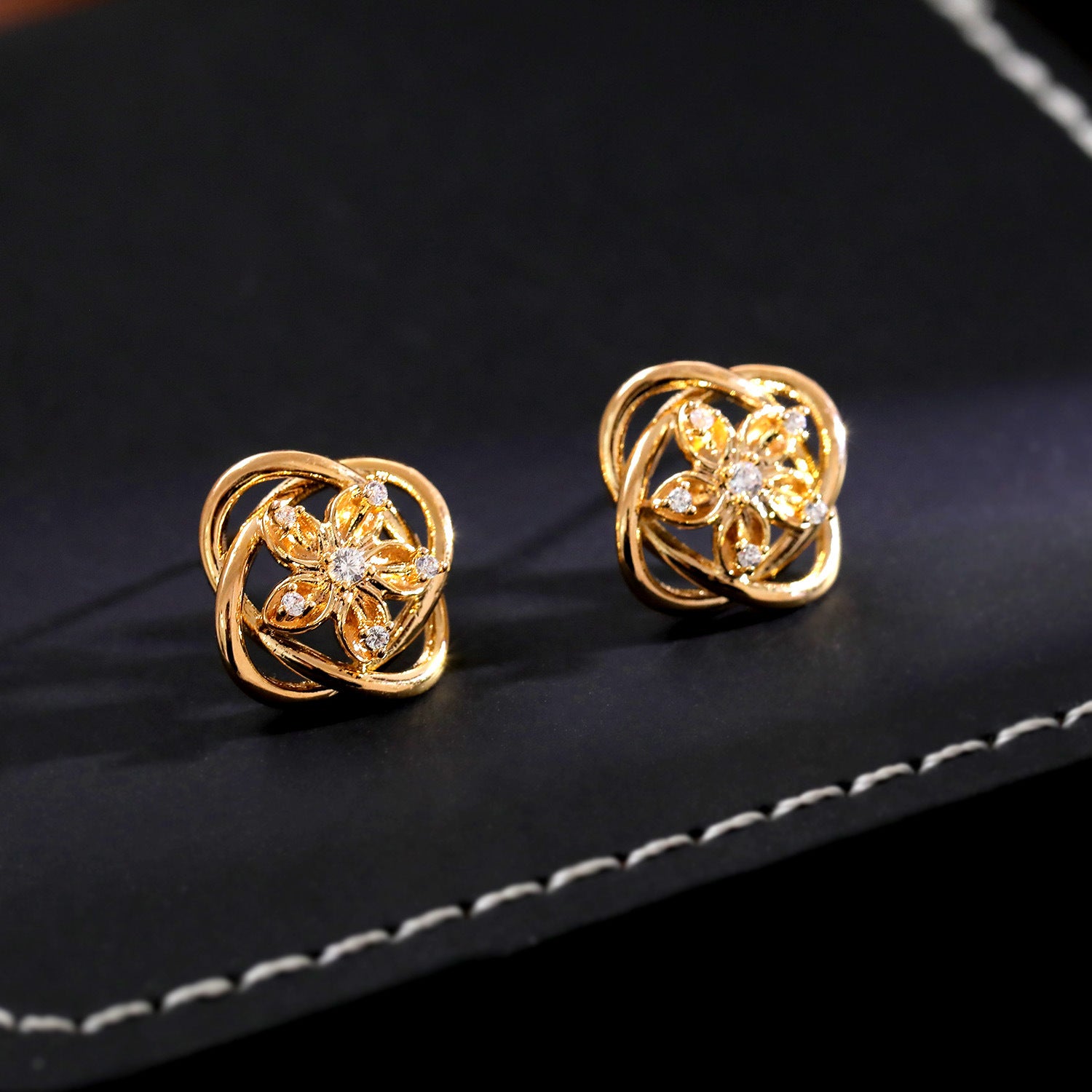 Flower Pattern Round Petal Stud Earrings For Women In Elegant Champagne Color