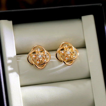 Flower Pattern Round Petal Stud Earrings For Women In Elegant Champagne Color