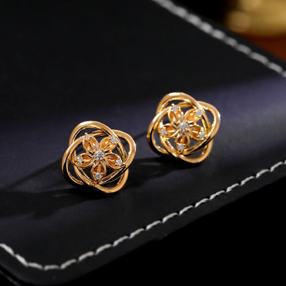 Flower Pattern Round Petal Stud Earrings For Women In Elegant Champagne Color