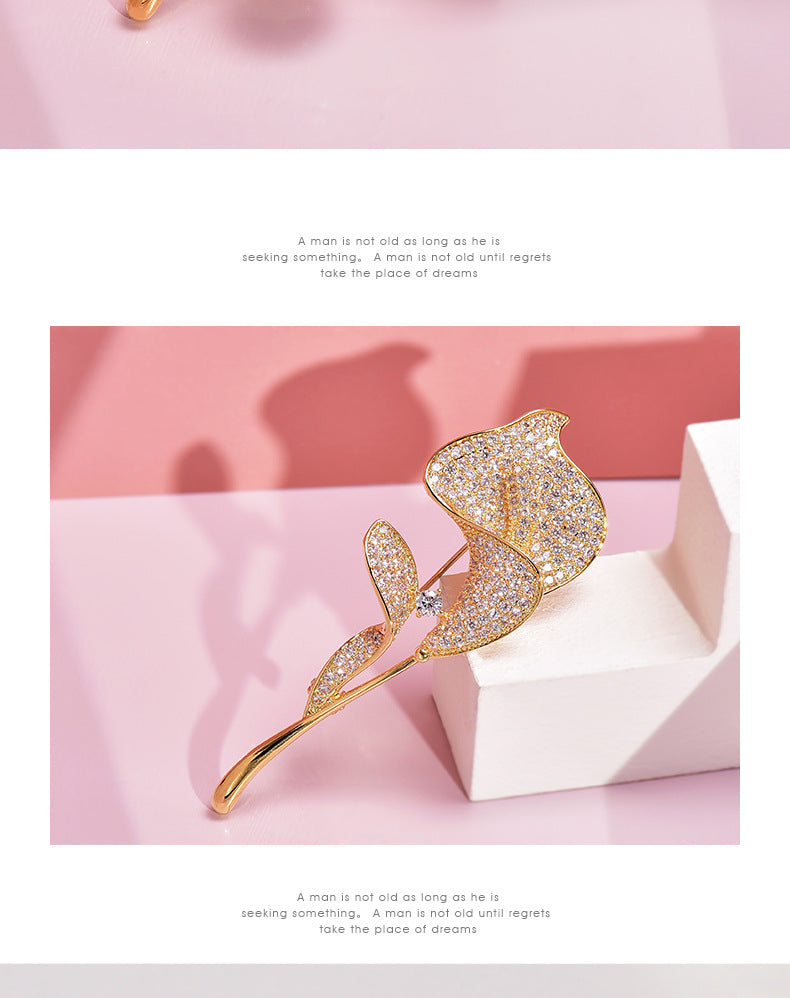 Golden Flower Pin Brooch, Elegant Floral Jewelry Accessory For Women