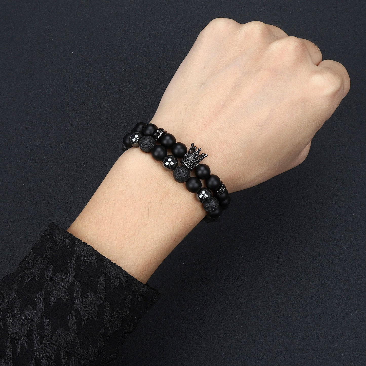 Natural Stone Skull Bracelet For Men In Black, 1 Set