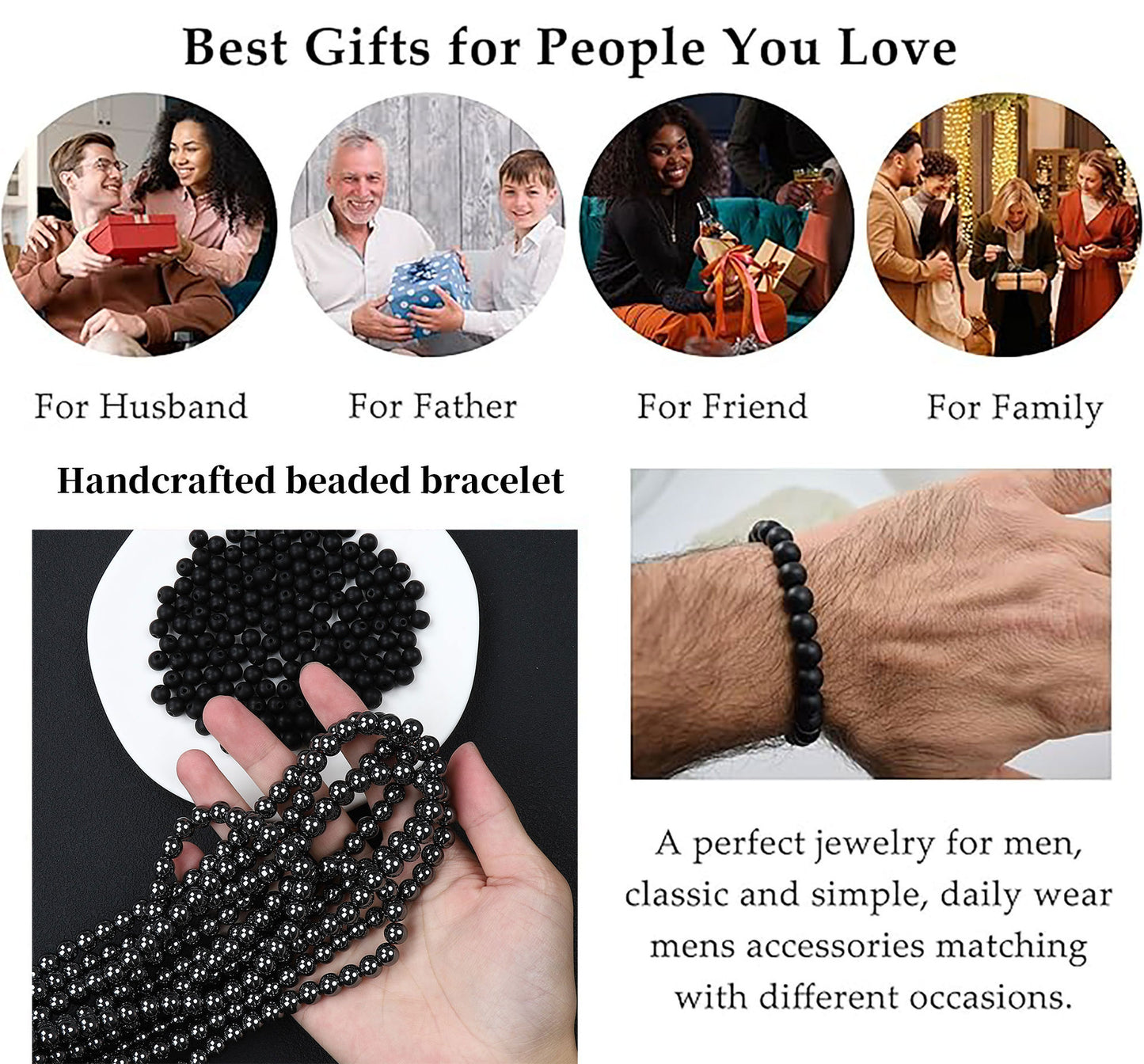 Natural Stone Skull Bracelet For Men In Black, 1 Set