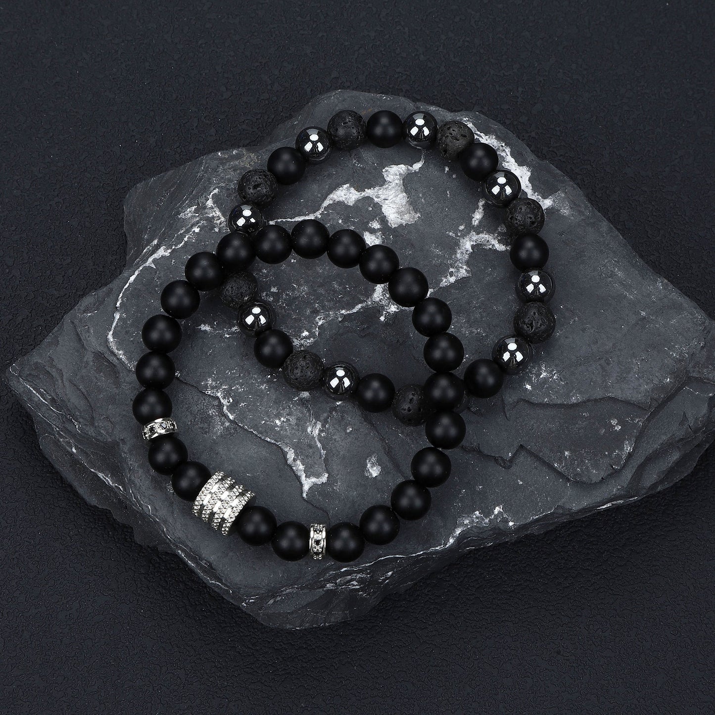 Natural Stone Skull Bracelet For Men In Black, 1 Set