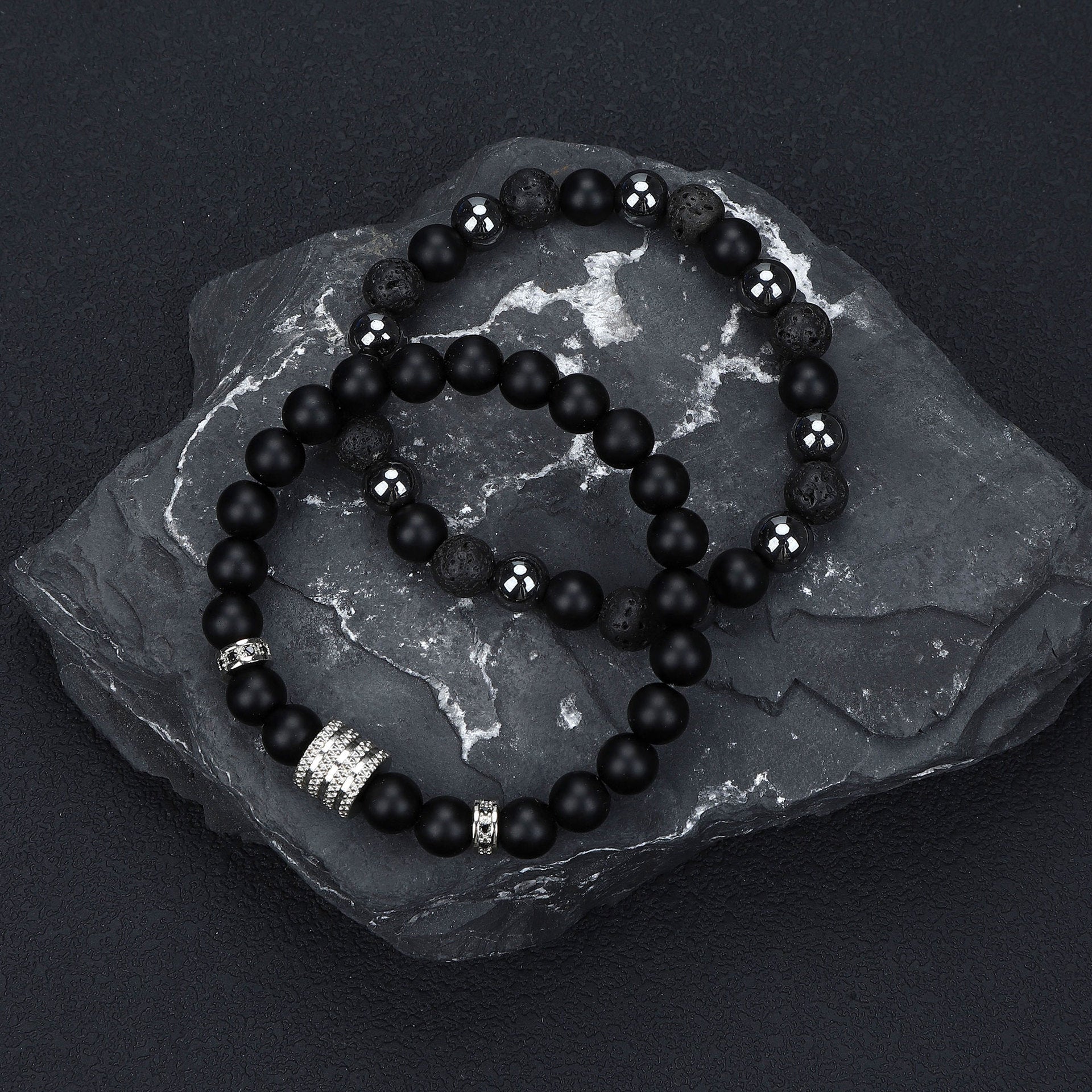 Natural Stone Skull Bracelet For Men In Black, 1 Set