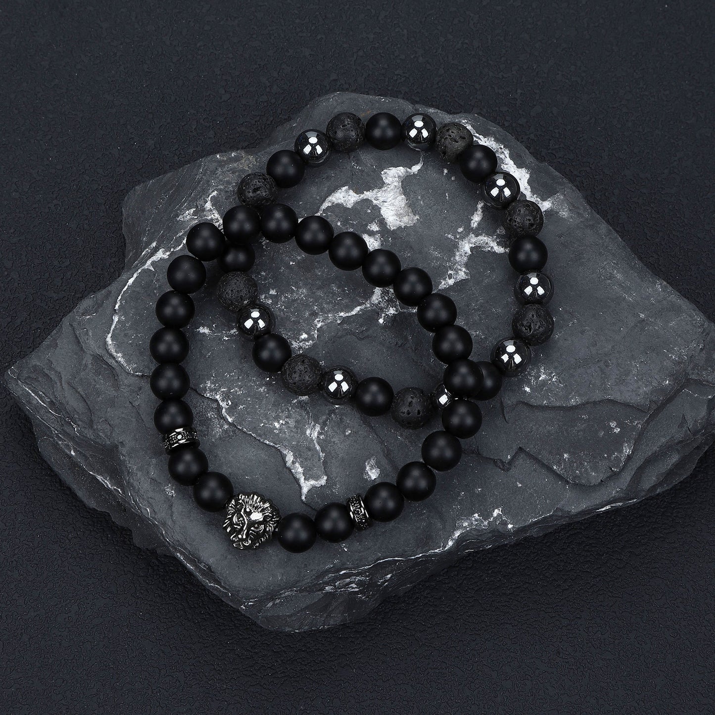 Natural Stone Skull Bracelet For Men In Black, 1 Set